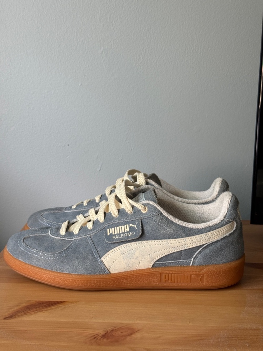 Puma Palermo Suede Sneakers in Gray & Cream with Gum Sole